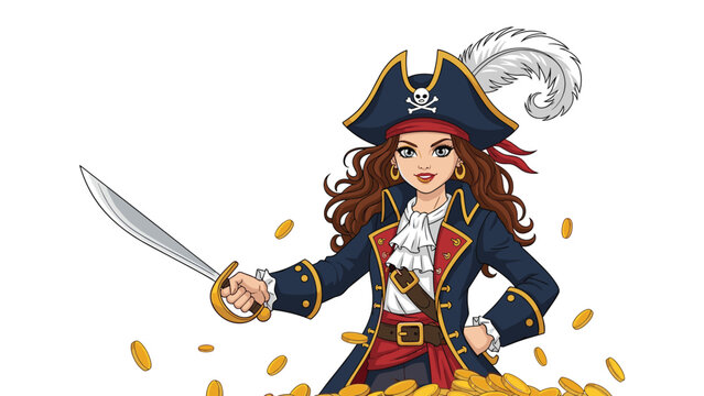 Strong and confident female pirate with long wavy hair holding a cutlass sword and standing on a massive pile of gold coins and treasure.