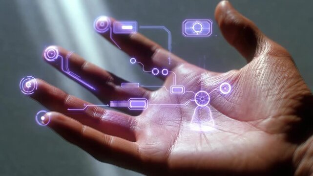 Open hand with glowing holographic interface elements in a digital style on a neutral background, concept of futuristic tech