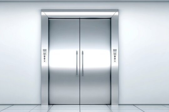 Modern Double Stainless Steel Elevator Doors with Control Panels in a Clean Building Interior