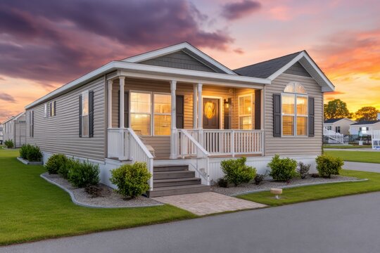 Modern Manufactured Home with Inviting Porch and Sunset Sky in a Residential Community