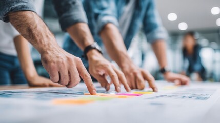 Obraz premium Hands collaborating over a detailed blueprint, planning project strategy and teamwork in modern office