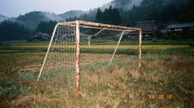 Old Rusty Soccer Goal Near Fields in Misty Landscape