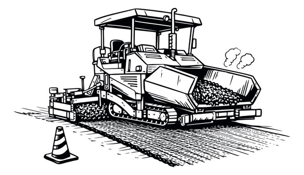 Hand drawn line art illustration of an asphalt paver depicting road construction for industrial projects