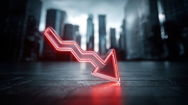 Neon red down arrow graph symbolizing financial crisis and economic recession in a dark city
