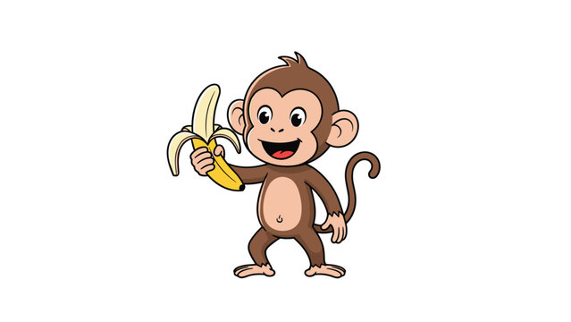 Cheerful cartoon monkey standing and holding a peeled banana with a big happy smile on its face against a white background.