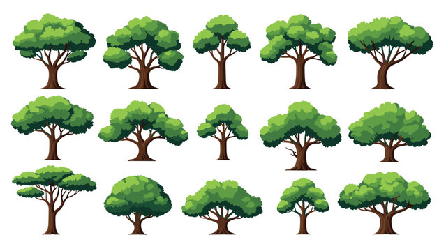 Extensive collection of fifteen different green tree illustrations showing various shapes, sizes, and species for landscaping design.