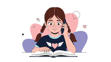 Young girl with pigtails talking on a mobile phone while sitting at a table with an open book in a modern illustration.