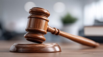 Obraz premium Wooden Judge's Gavel on Sounding Block Symbolizing Justice and Legal Authority
