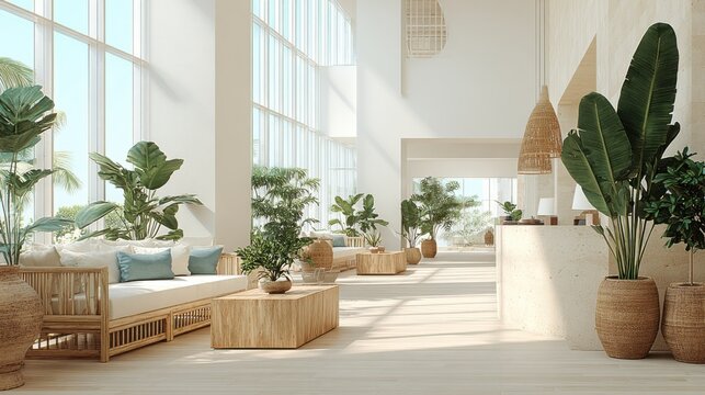Bright and airy hotel lobby with natural light, lush greenery, and comfortable seating