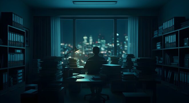 Silhouette of a person working late at night in a dark office surrounded by stacks of paperwork and binders, with a city skyline view