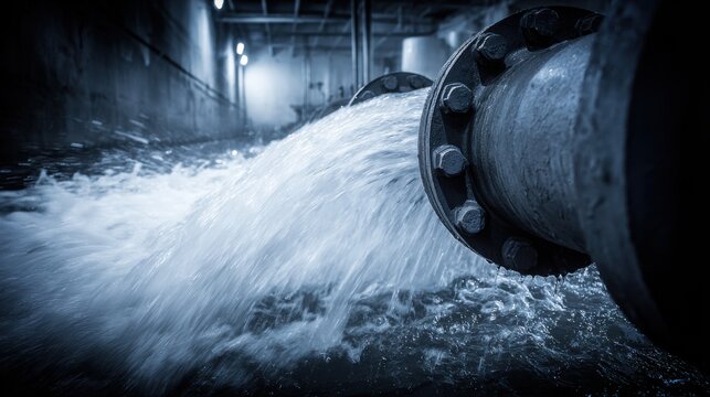 Industrial Pipe Discharging Turbulent Water into a Channel at Night, Showing Flow and Power