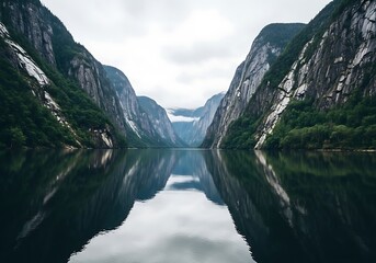 Fototapeta premium Dramatic fjord landscape with steep cliffs reflected in calm, dark water.