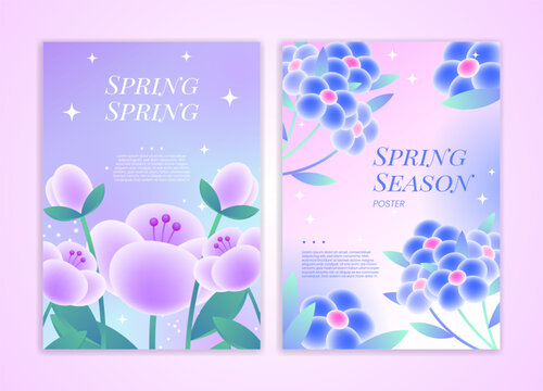 Illustrations of spring-themed flower posters with text on colorful backgrounds