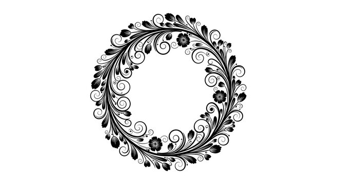 A circular frame design featuring intricate black floral patterns and elegant swirling flourishes