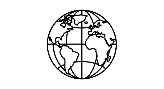 A simple black and white line art illustration of the earth globe showing world map continents