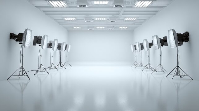 Professional photography studio with multiple light stands and softboxes facing a white cyclorama