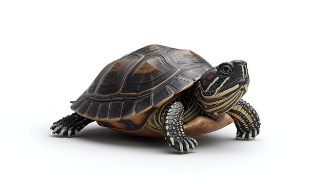 Realistic Turtle Profile: Close up of a pond turtle looking ahead, isolated on white background.