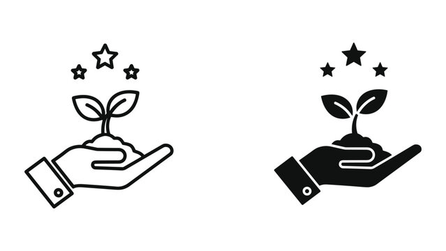 A graphic illustration of two hands nurturing young plants with stars above them