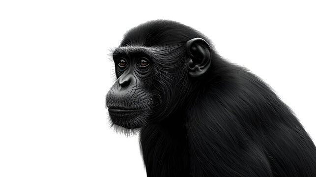 Chimpanzee Side Profile: Realistic portrait of a black chimpanzee looking to the side, isolated on white.