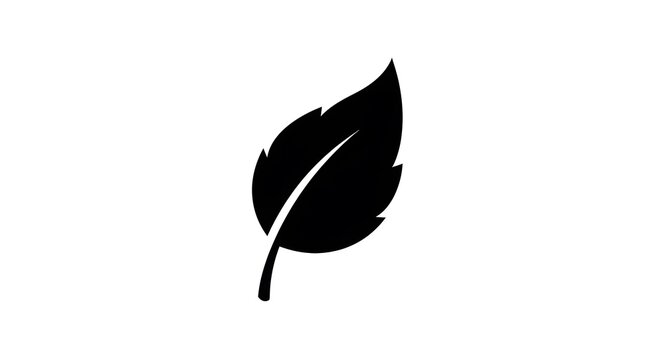 A minimalist black silhouette of a single serrated leaf isolated on a solid white background