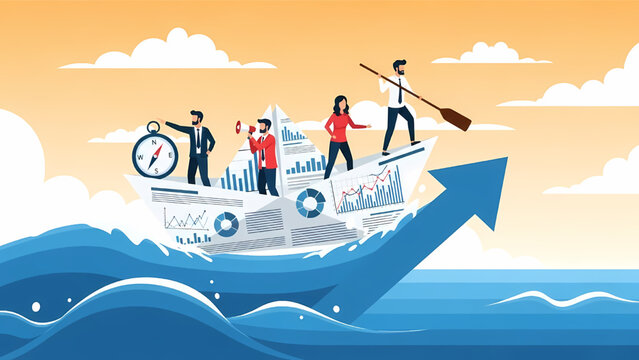 Business people navigate growth on a rising graph boat with charts and arrow its only illustration