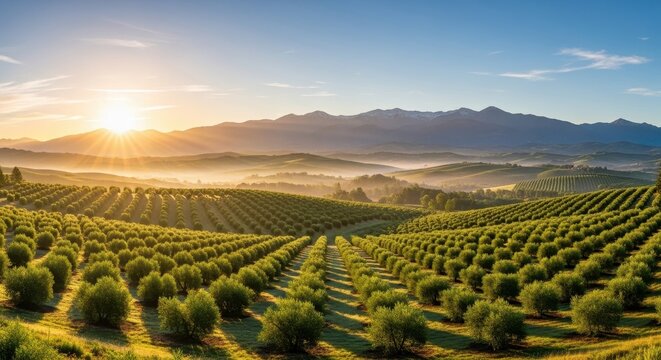 Scenic Olive Grove at Sunrise - A Tranquil Landscape.