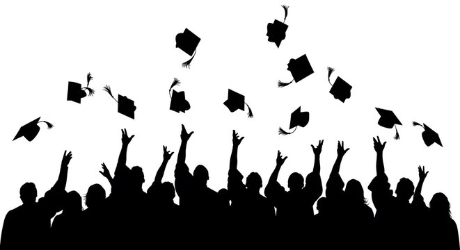 A silhouette of a group of happy students throwing their graduation caps into the bright air