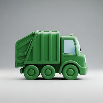 A side view of a cute green cartoon garbage truck with a friendly face, isolated on gray.