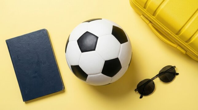 A classic black and white soccer ball sits centrally on a vibrant yellow background, accompanied by a dark blue notebook, stylish sunglasses, and a portion of a bright yellow hard-shell travel case.