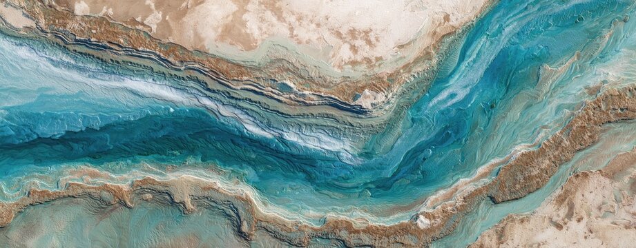 A beautiful, panoramic background of an abstract, aerial top-down view of a colorful, braided river delta, natural patterns and textures --ar 64:25 -