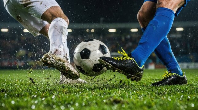 A close-up action shot of two professional soccer players competing for the ball on a wet grass field, with mud splashing as they kick, showcasing extreme intensity during a high-stakes night match.