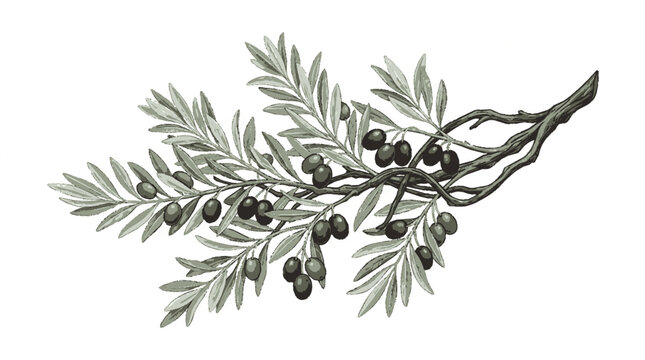 A vector graphic illustration of an olive branch with leaves and olives on a white background