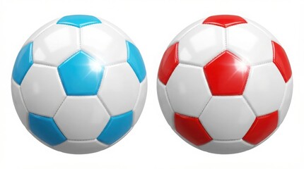 Naklejka premium A pair of premium synthetic soccer balls isolated on a pure white background, showcasing one bright cyan blue and white sphere alongside a matching vivid red and white ball for professional sports.