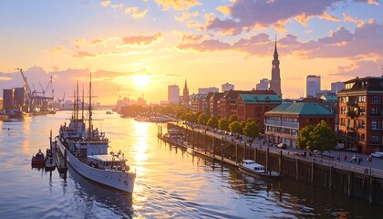 Fototapeta premium A serene cityscape at sunset with boats on calm waters
