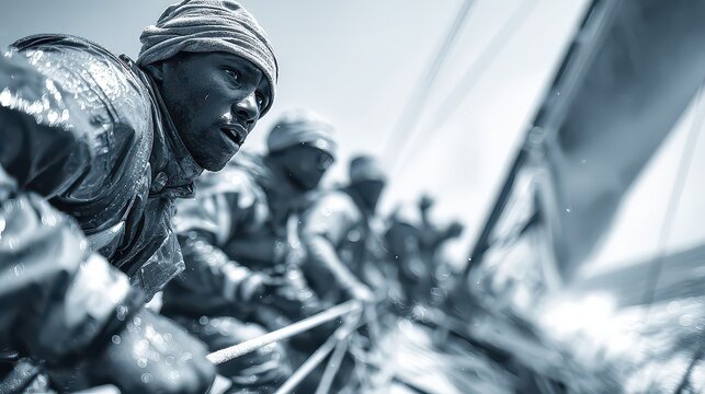 Sailors Working Together on a Sailboat Under Bright Sunlight