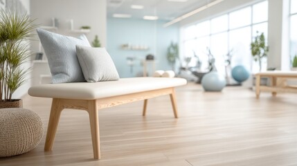 Fototapeta premium Bright and airy modern fitness studio with natural light, comfortable seating, and exercise equipment