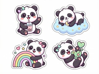 Fototapeta premium Cute Panda Stickers with Rainbow and Boba Tea