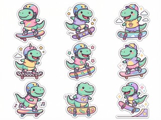 Fototapeta premium Cute cartoon dinosaur characters skateboarding illustration