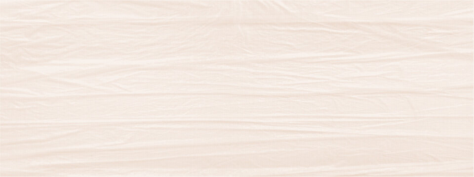 Crumpled ecru cellophane. Wrinkled plastic film texture with dotted halftone effect. Abstract crumpled cellophane background with soft folds and transparent material look. Packaging material surface.
