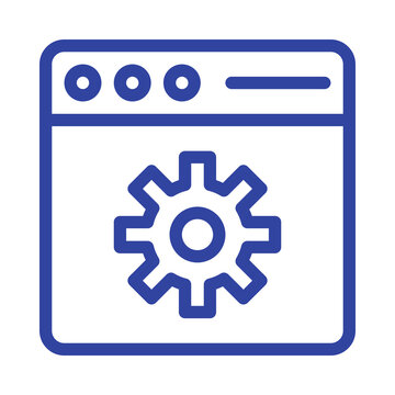 Blue web browser window with gear icon, representing settings or configuration, isolated on transparent background