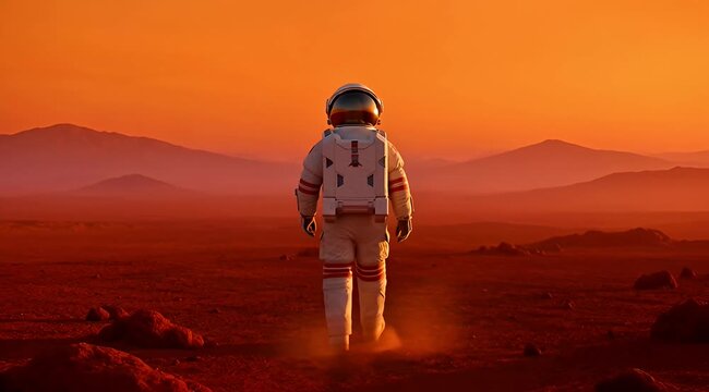 Astronaut on Mars Surface with a Red Landscape and Distant Mountains