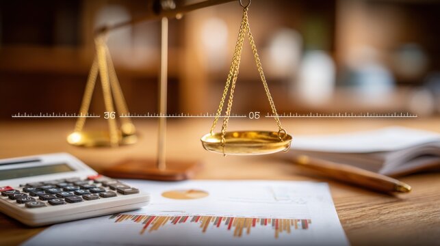 Justice and Financial Balance: Scales of Law with Calculator and Documents on Desk