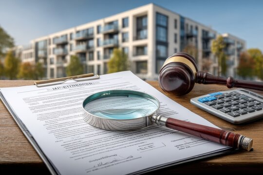 Magnifying Glass Over Real Estate Contract Documents with Gavel and Calculator