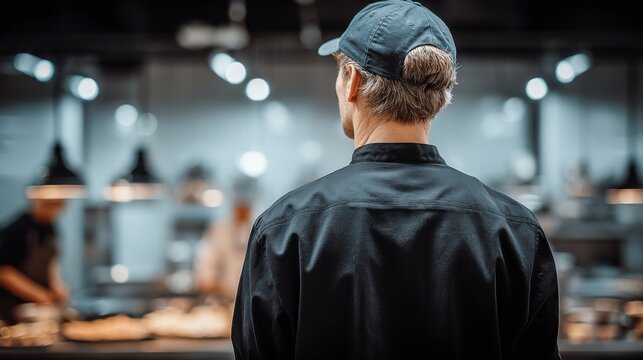 Chef Wearing Baseball Cap Standing in Restaurant Kitchen Looking at Busy Staff Working