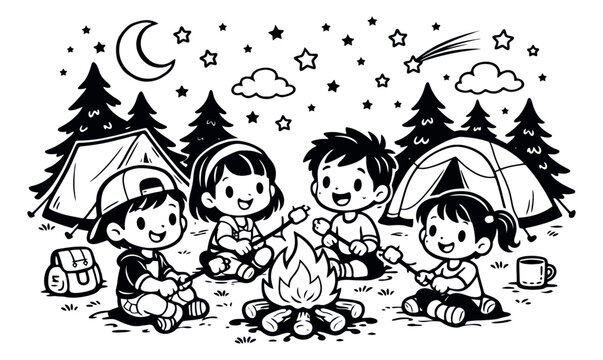 Cute hand drawn line art illustration of children camping depicting them roasting marshmallows around a campfire at night for summer outdoor activities