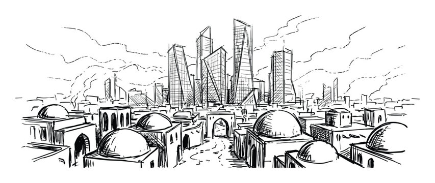 Hand drawn vector sketch of Riyadh, Saudi Arabia, modern and old buildings panorama, isolated on transparent