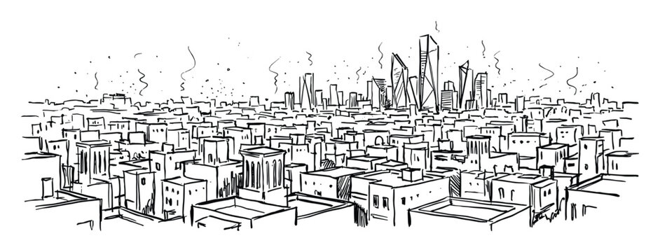 Hand drawn vector sketch of Riyadh, Saudi Arabia, modern and old buildings panorama, isolated on transparent