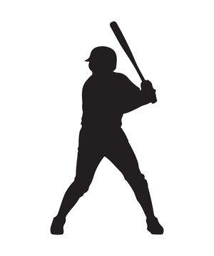 Powerful silhouette of a male baseball player in a classic batting stance, holding the bat poised and ready to hit, embodying focus, anticipation, and athletic readiness for the game.