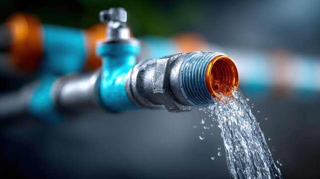 Outdoor water faucet with flowing water, plumbing, and garden hose connection