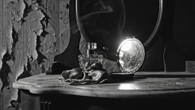 Black and white dramatic still life of antique vanity items with smoke and a distressed interior